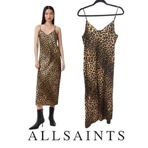 AllSaints Hara Leopard Print Slip Dress Size Large Midi Spaghetti Straps Cami